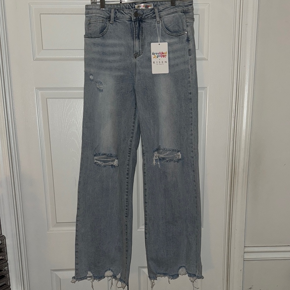 Flare Wide Leg Jeans with Distressed Hem